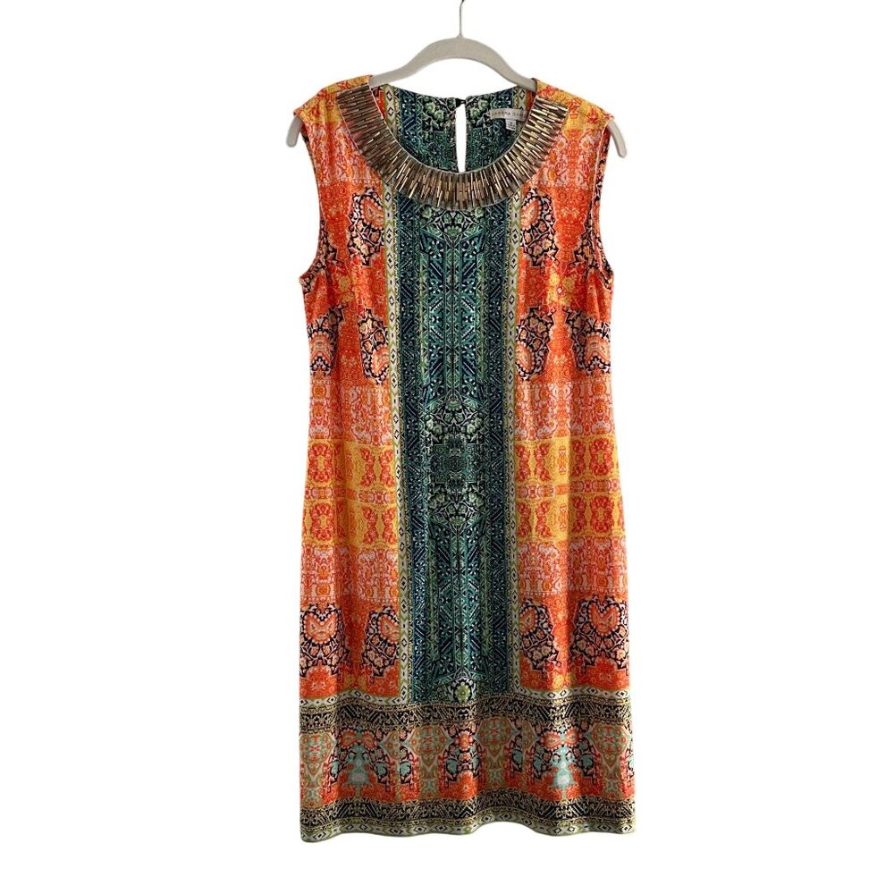 Sandra Darren Dress Sleeveless Multicolor Paisley 6 Shift Beaded Collar Egyptian